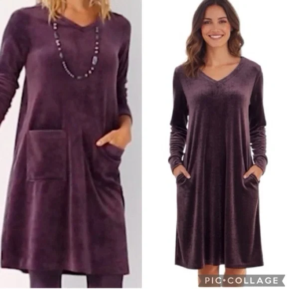 J. Jill Velour Velvet Shift Dress Long Sleeve V Neck Pockets Black Violet Medium - Picture 1 of 13